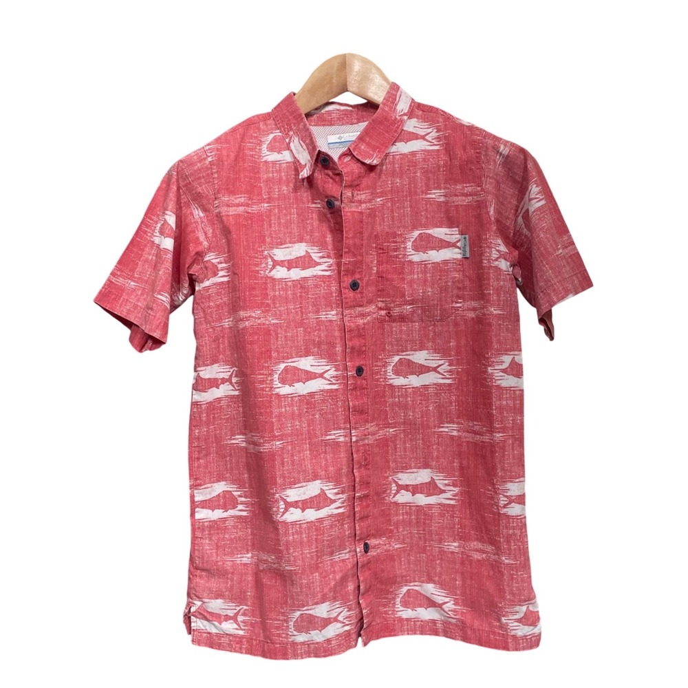 Columbia PFG Boys XL 18-20 Red Mahi Mahi Fish Print Short Sleeve Button Up Shirt